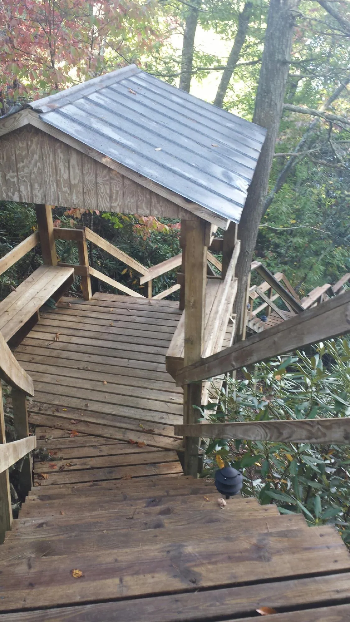 Metal roofed shelter over wooden steps on a wooded walkway — Skylight Repair & Installation work by our crew in Silsbee